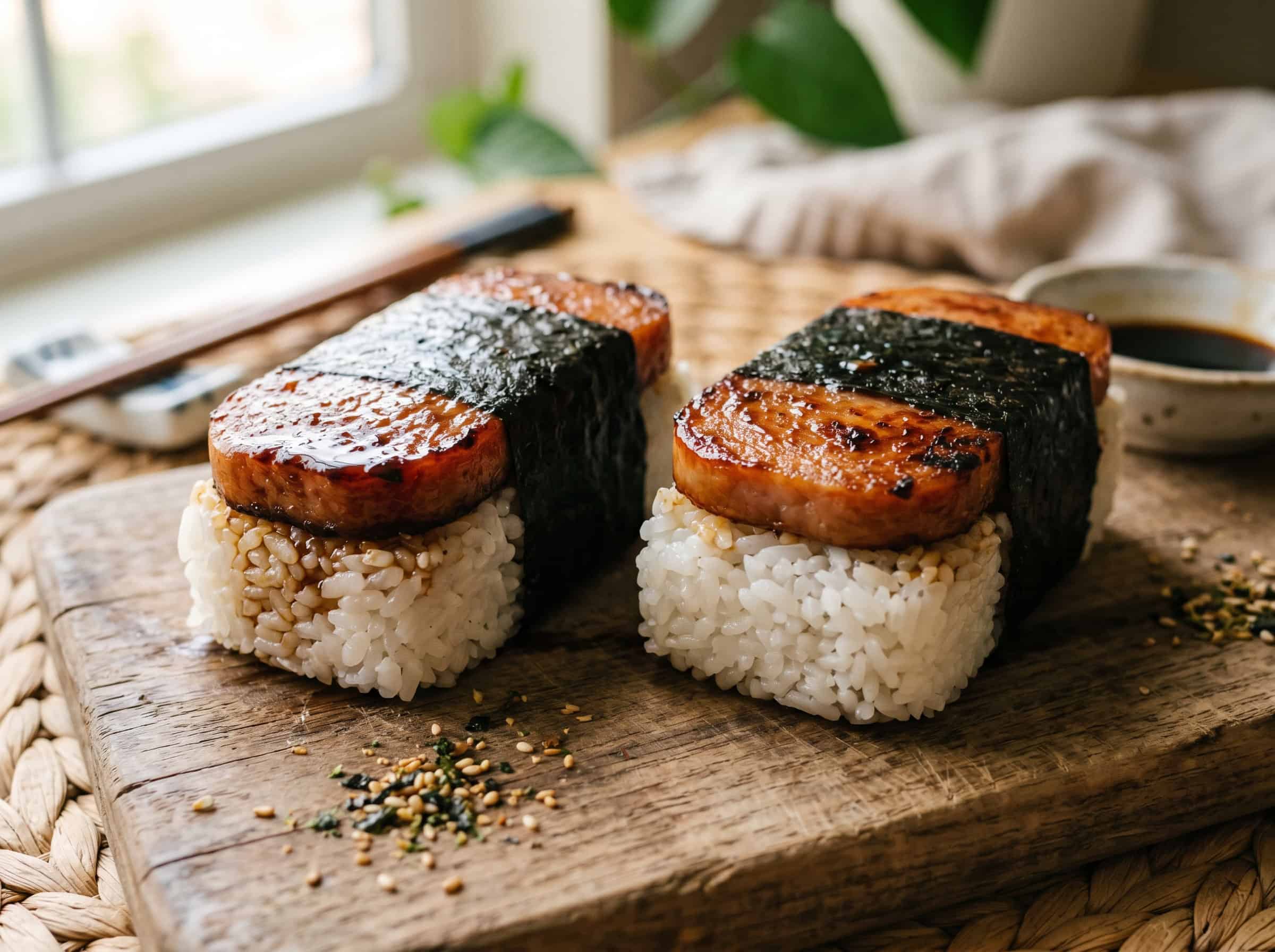 Close-up of two Hawaiian spam musubi pieces on a wooden board showing caramelized teriyaki spam on pressed sticky rice wrapped in nori