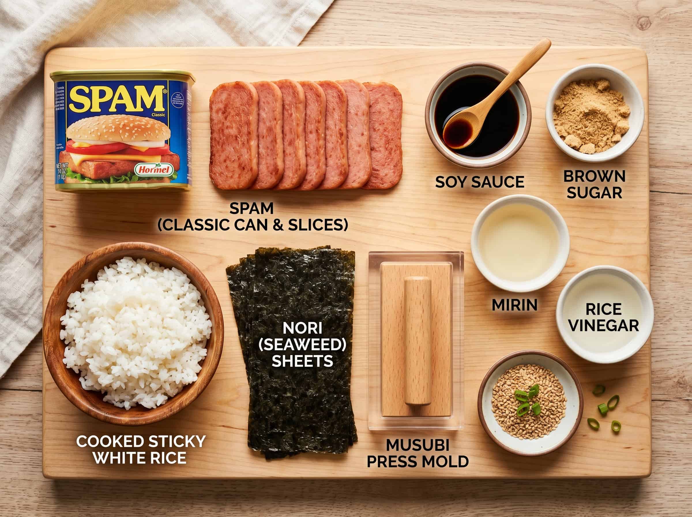 Overhead flat lay of spam musubi ingredients on a wooden cutting board: can of Spam, cooked rice, nori sheets, soy sauce, sugar, mirin, rice vinegar