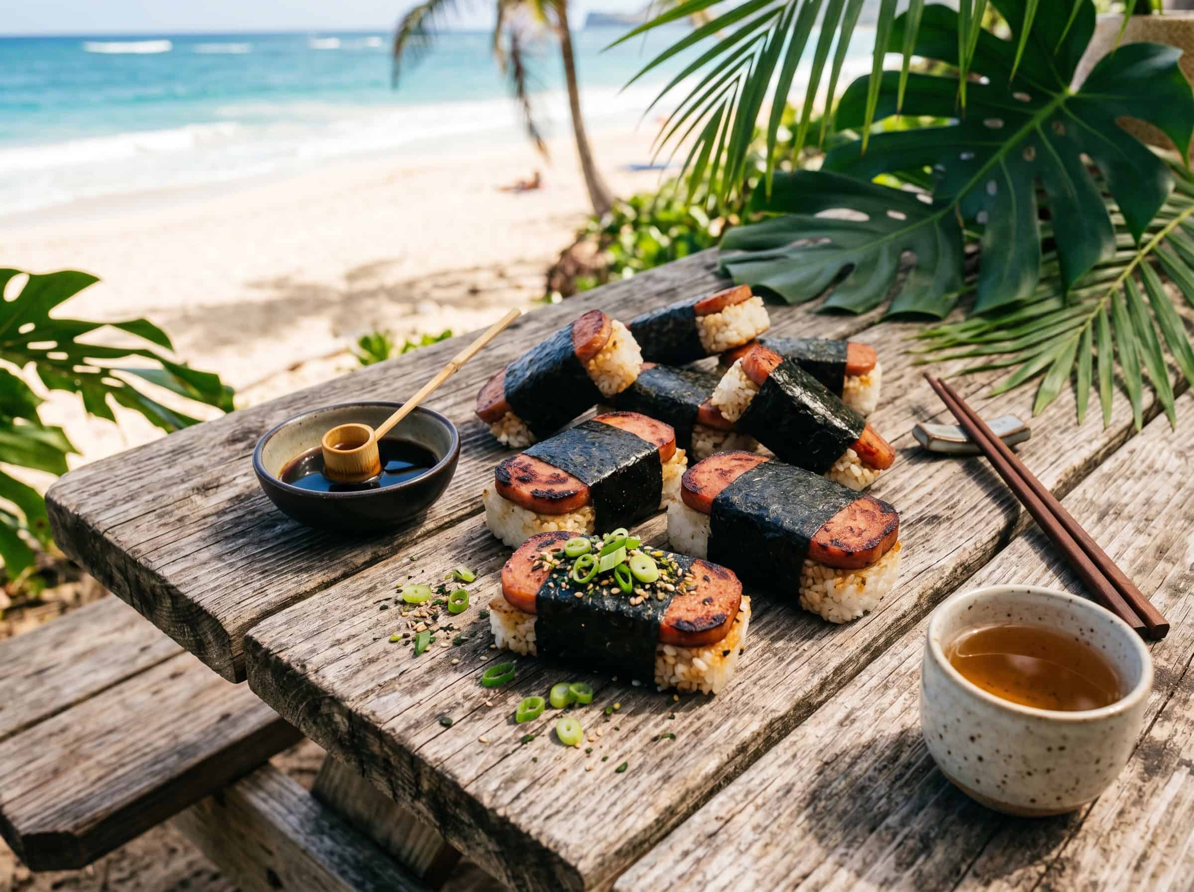 Lifestyle table shot of Hawaiian spam musubi on a wooden picnic table with soy sauce, chopsticks, and green onion garnish