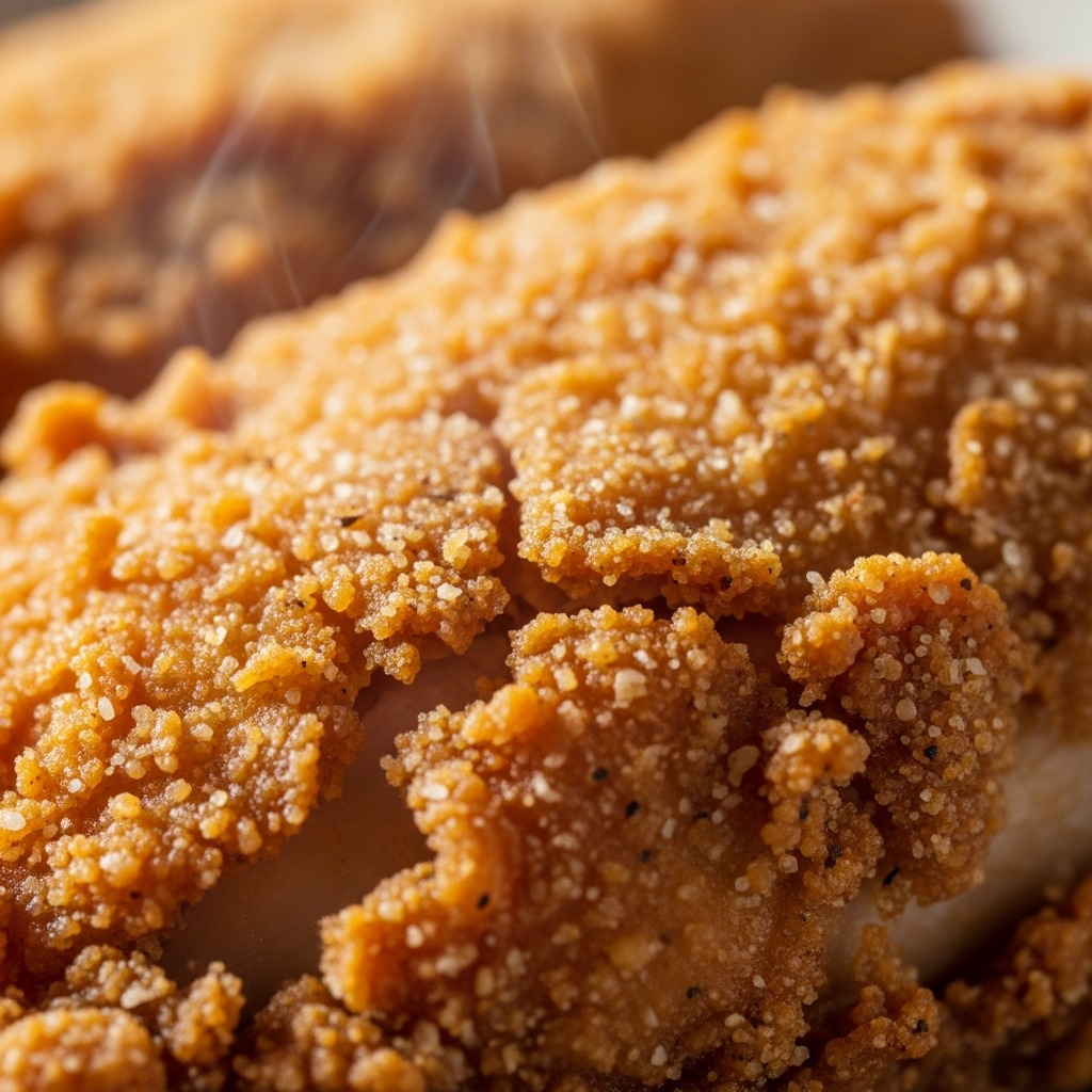 Extreme macro of craggy golden fried chicken crust