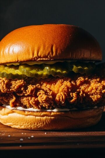 Crispy buttermilk fried chicken sandwich with brioche bun and dill pickles