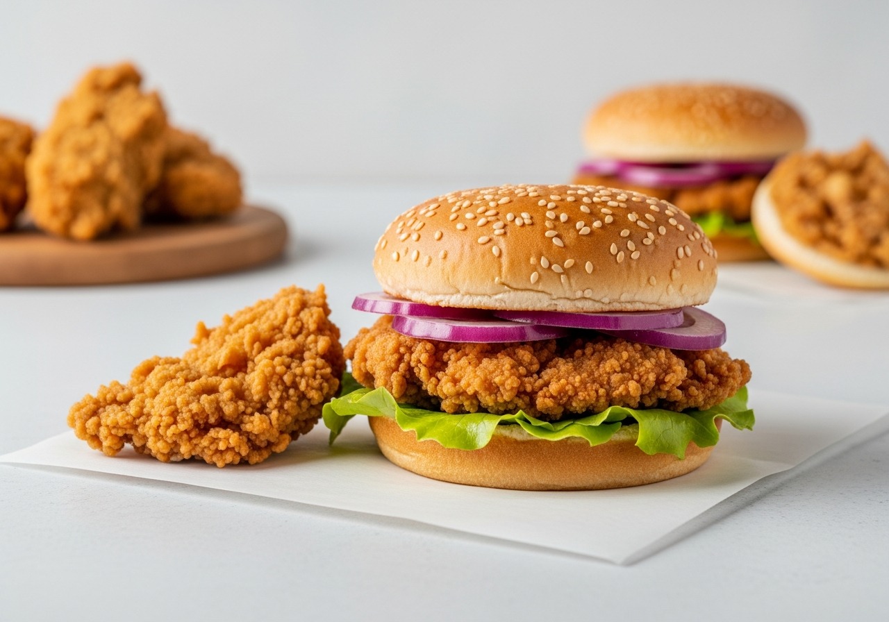 Raw chicken, buttermilk, flour, spices, brioche buns, pickles flat lay on white marble