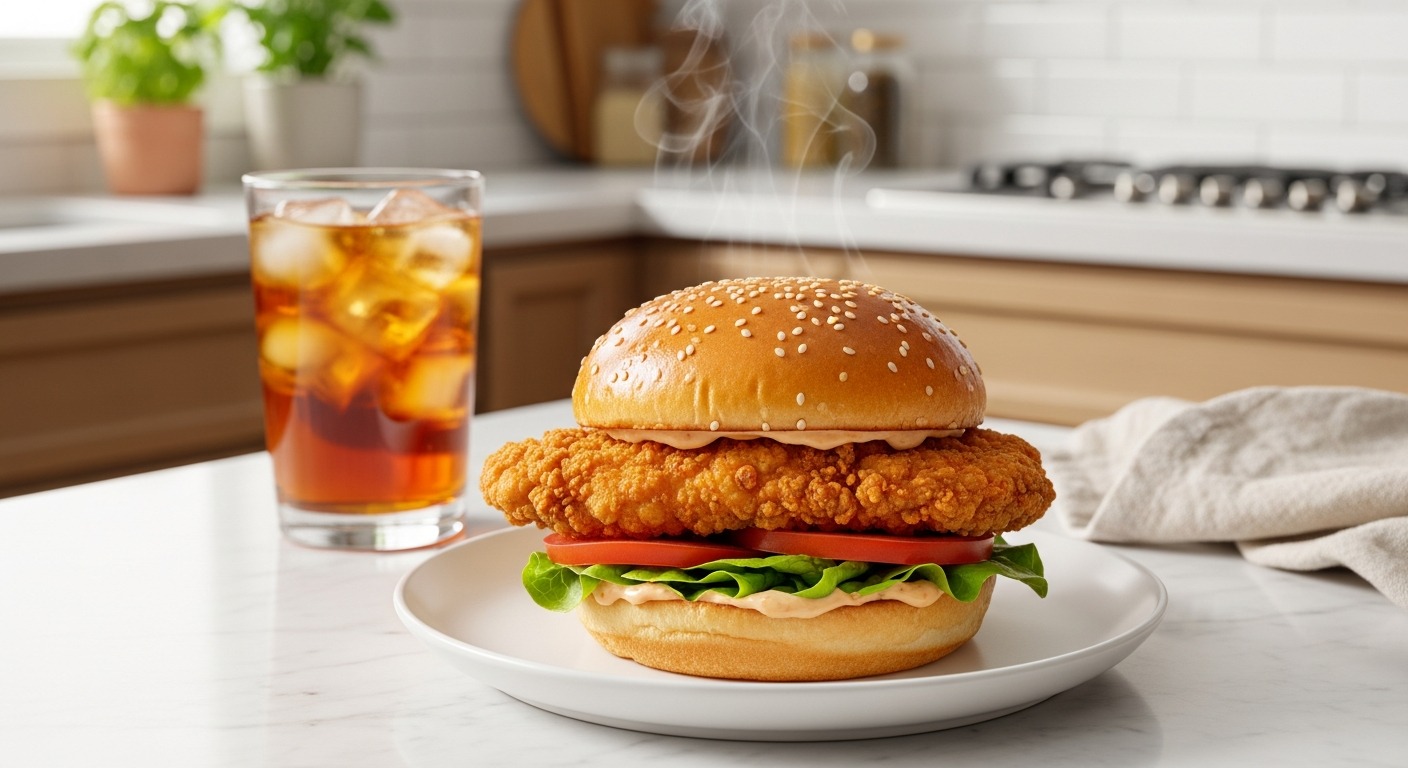 Crispy chicken sandwich plated on white marble in a bright casual kitchen