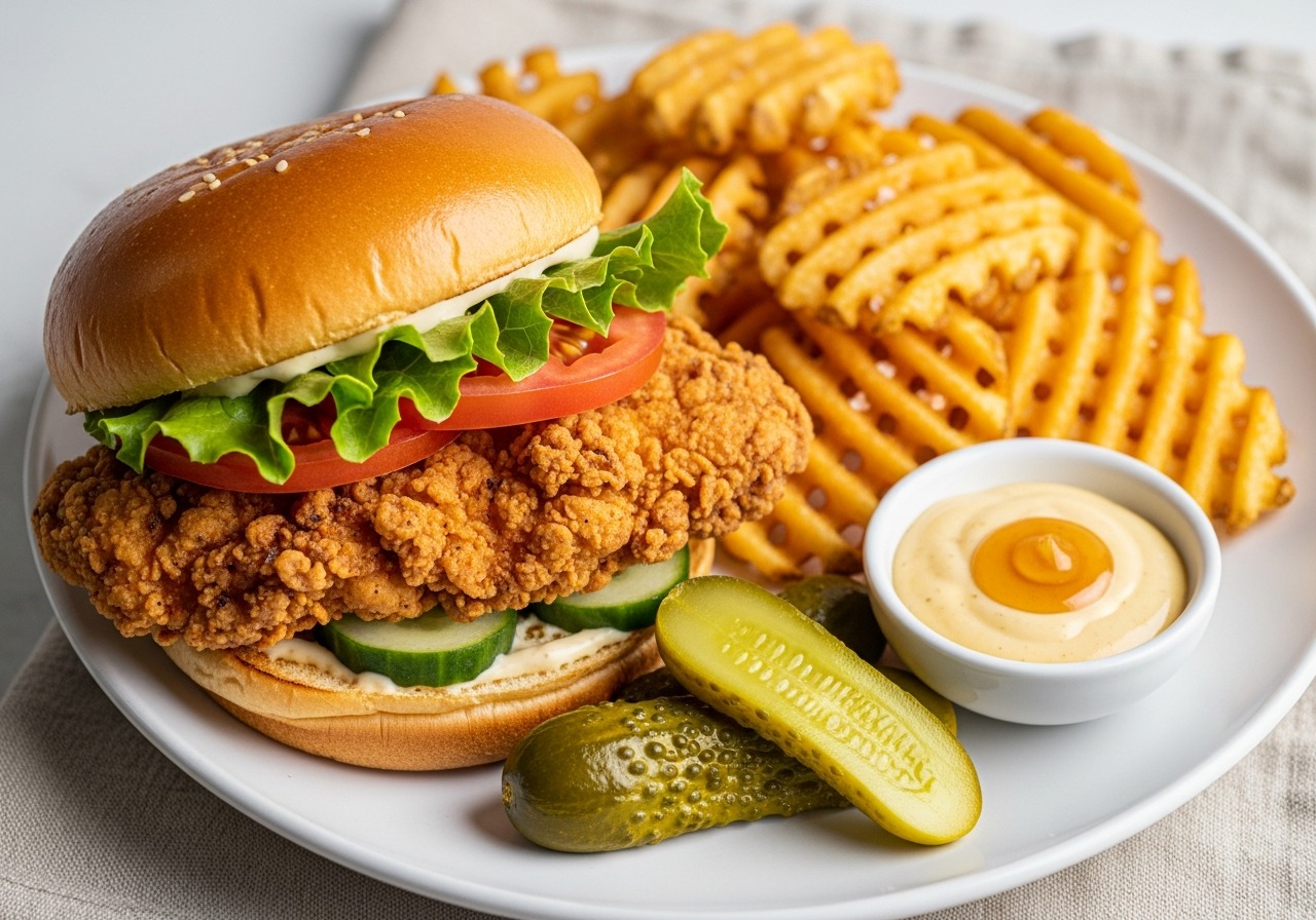 Crispy chicken sandwich with dill pickles and waffle fries on a ceramic plate