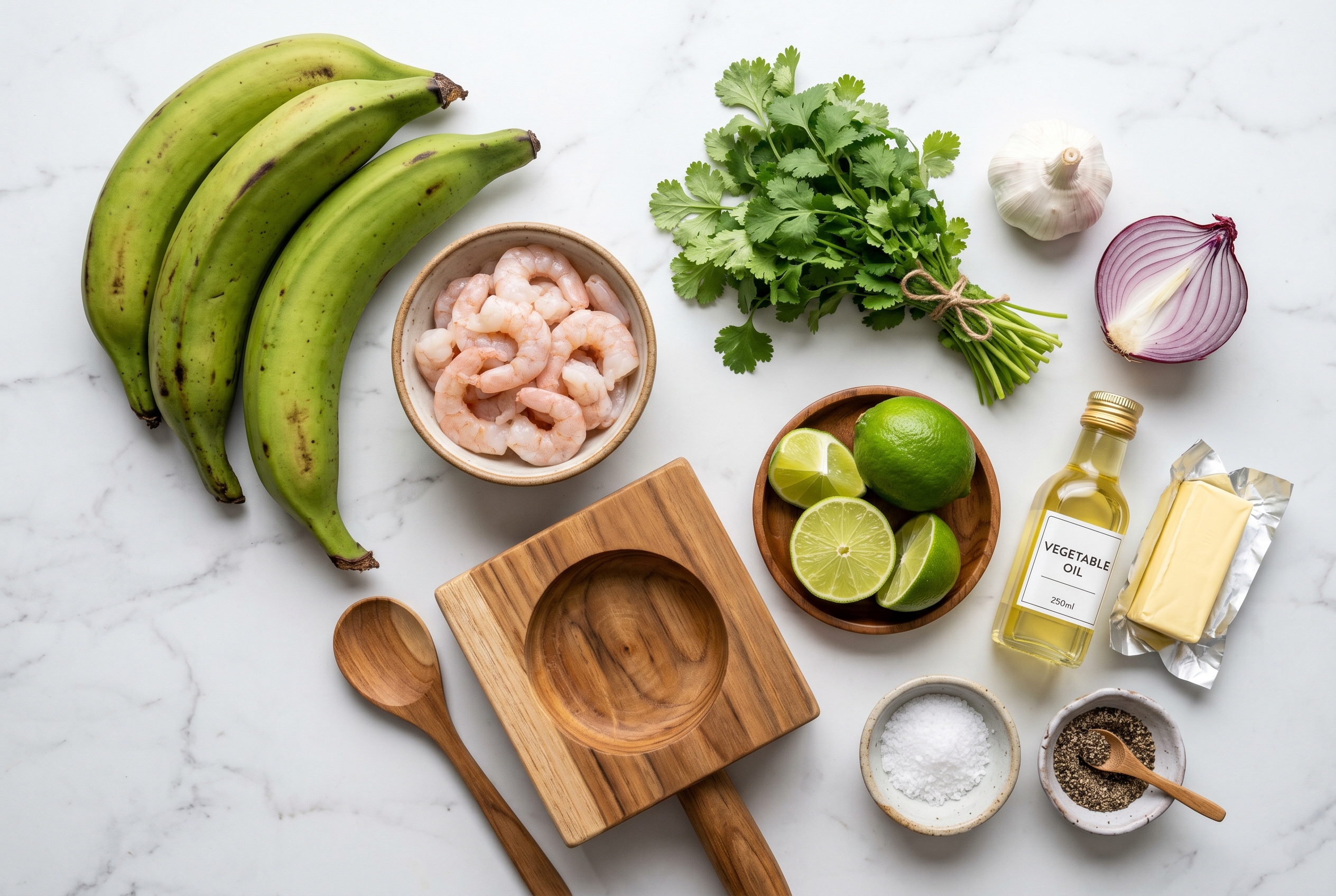 Ingredients for tostones rellenos - green plantains shrimp garlic cilantro lime