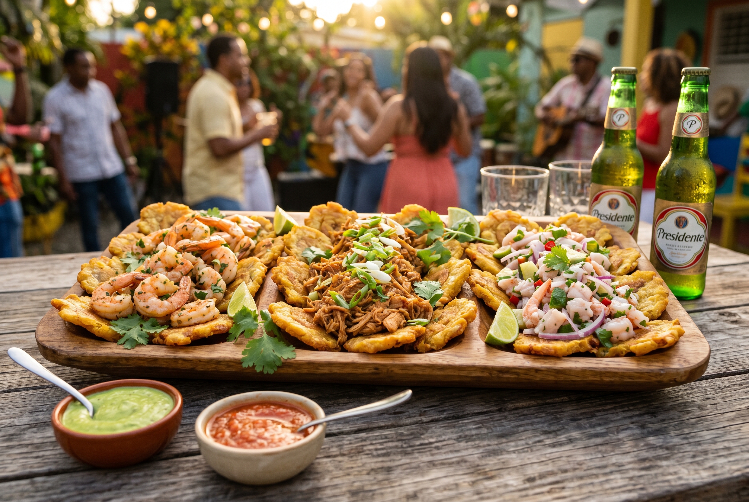 Platter of tostones rellenos with three fillings at Dominican party