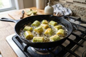 Green plantain chunks being fried in hot oil in deep skillet
