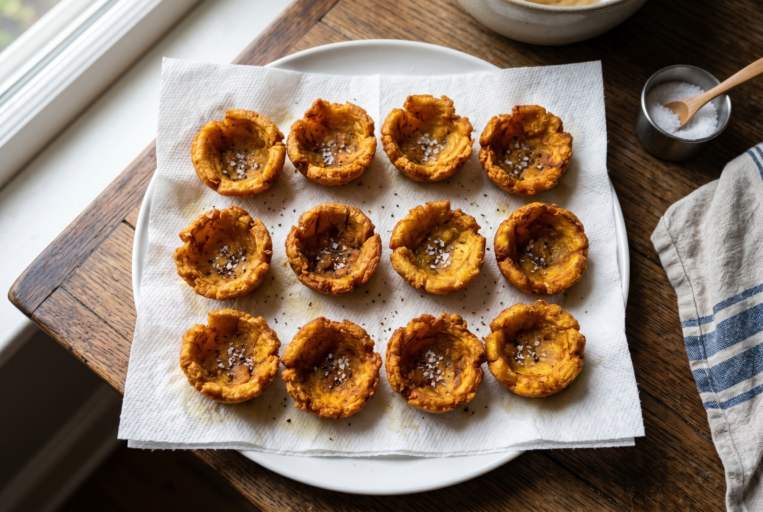 Golden crispy tostones rellenos cups draining on paper towel