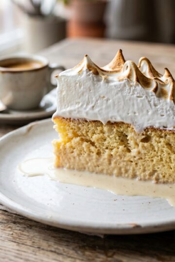 Dominican tres leches cake with torched suspiro meringue topping on white plate