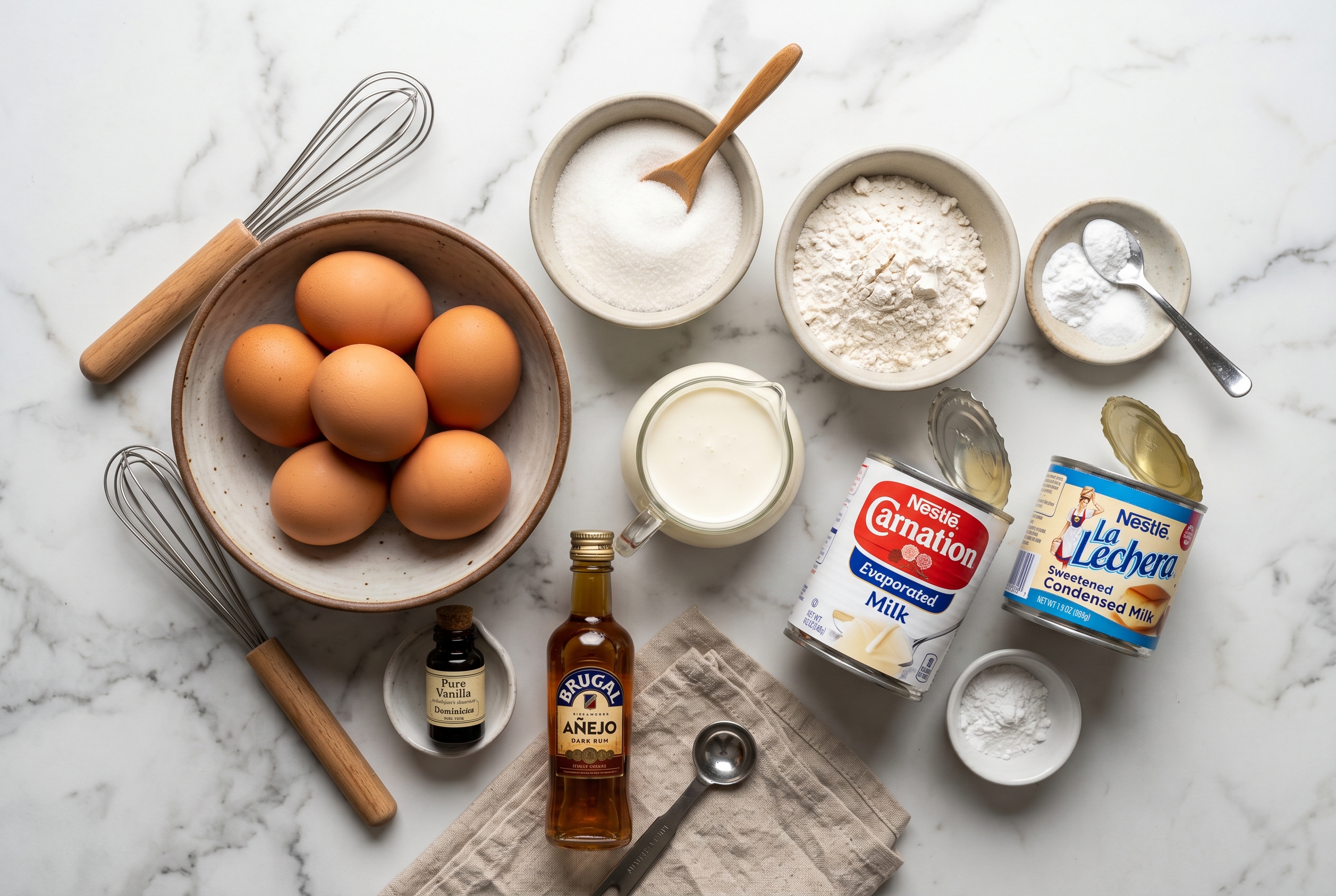 Ingredients for tres leches dominicano - eggs flour sugar evaporated milk condensed milk heavy cream