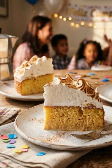 Slices of Dominican tres leches dominicano served on white plates with espresso