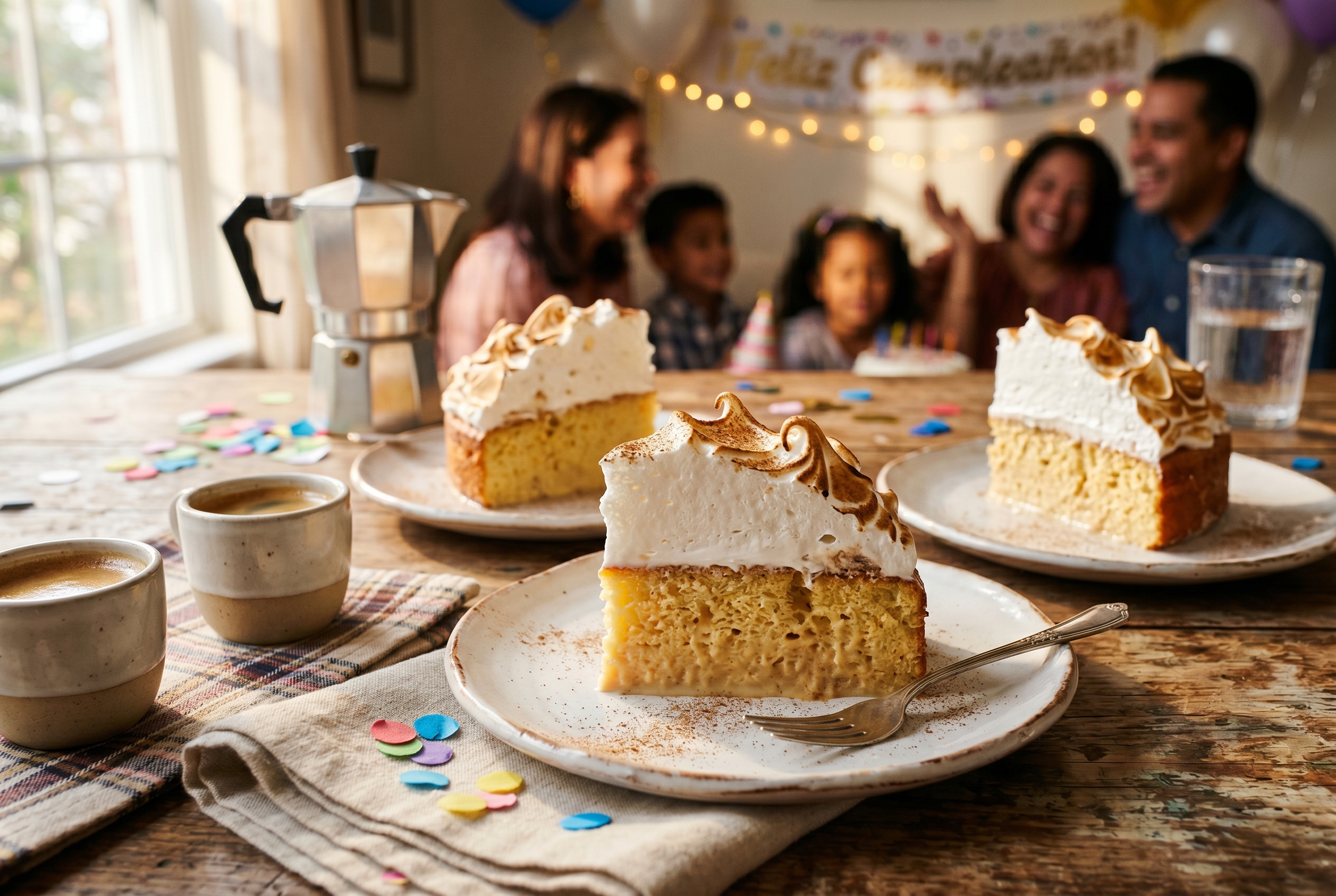 Slices of Dominican tres leches dominicano served on white plates with espresso