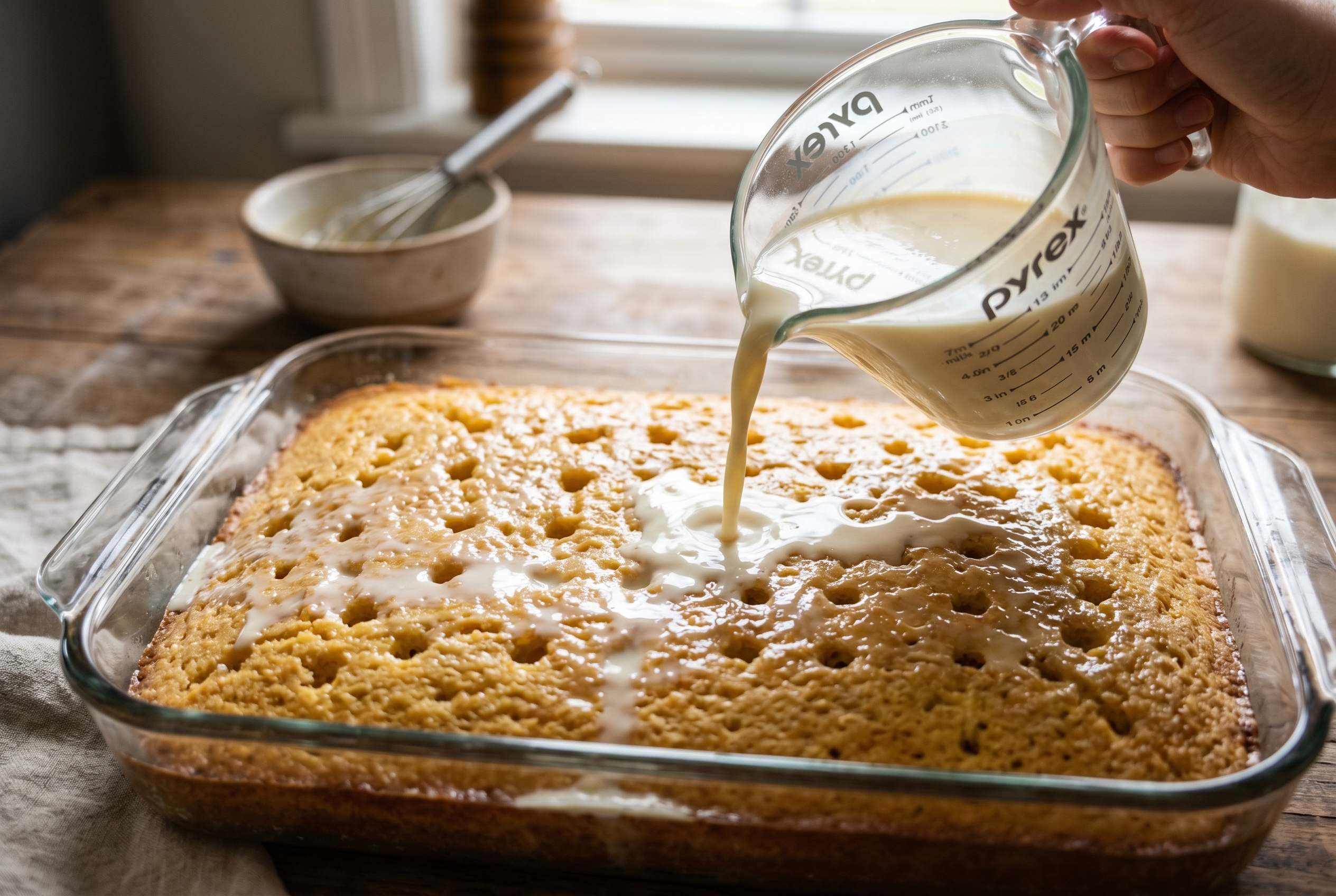 Three milks being poured over Dominican tres leches sponge cake in pan