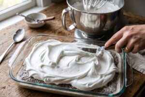 Glossy Dominican suspiro meringue being spread over tres leches with offset spatula