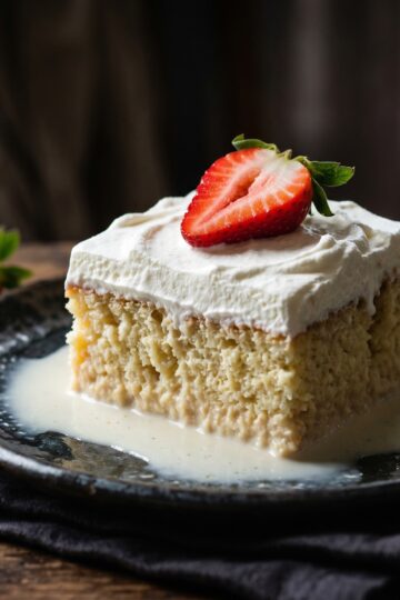 Tres leches cake slice with whipped cream and strawberry on dark plate with milk pooling