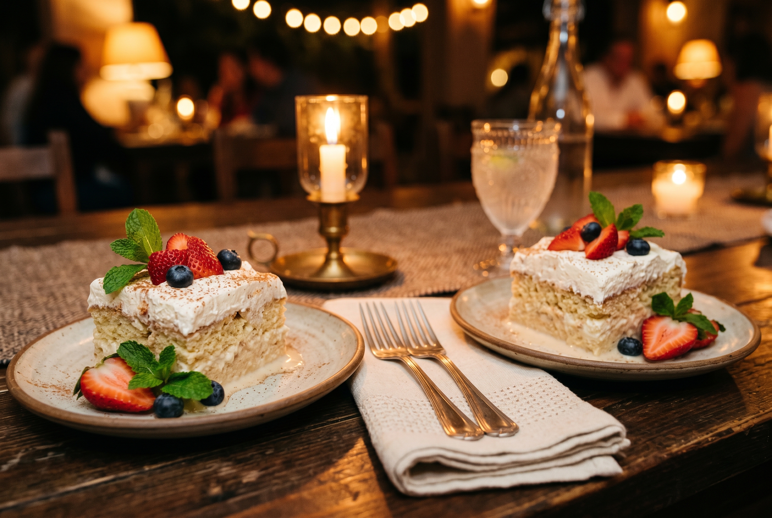 Two slices of tres leches cake plated with strawberries and mint