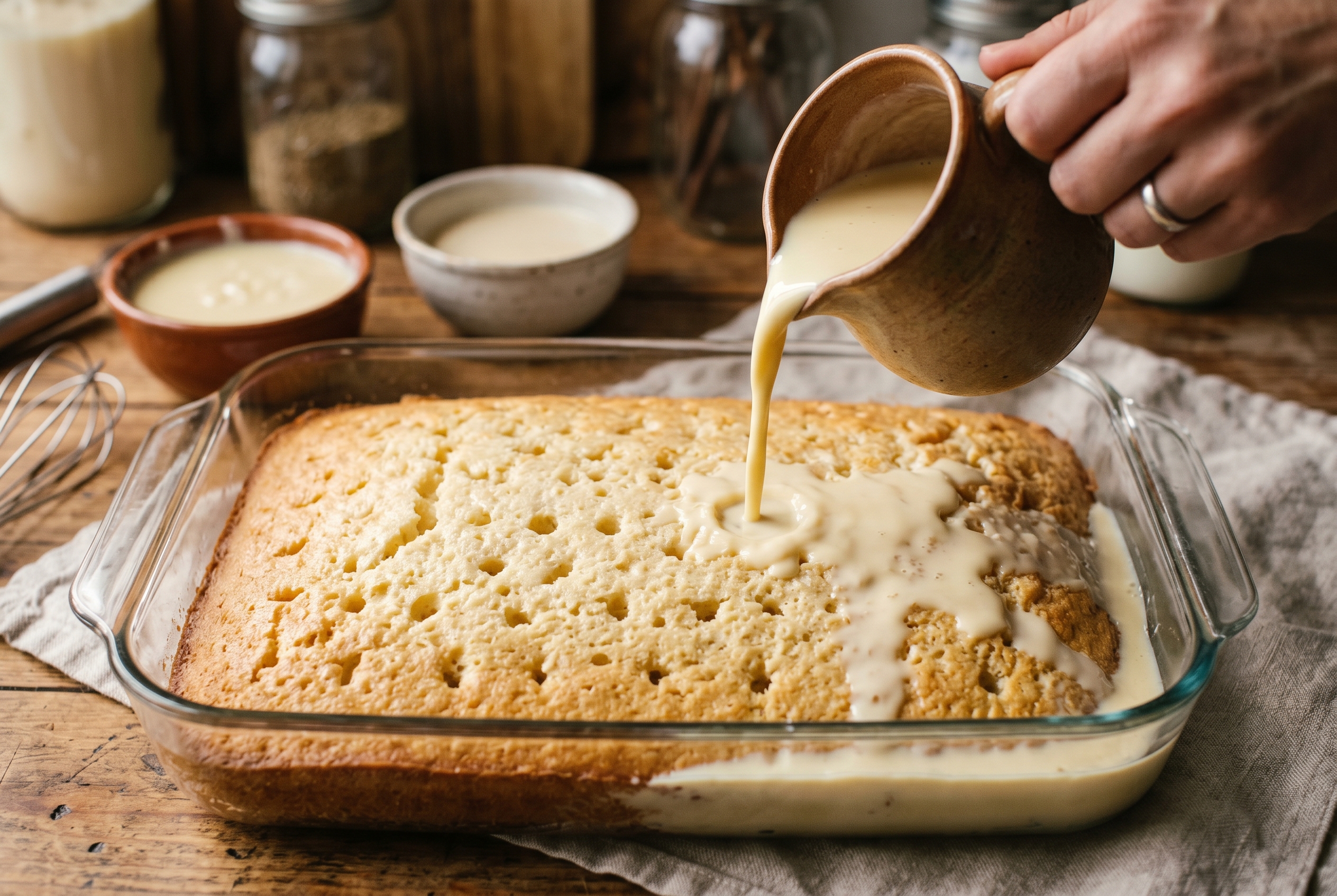 Pouring three milks mixture over sponge cake for tres leches