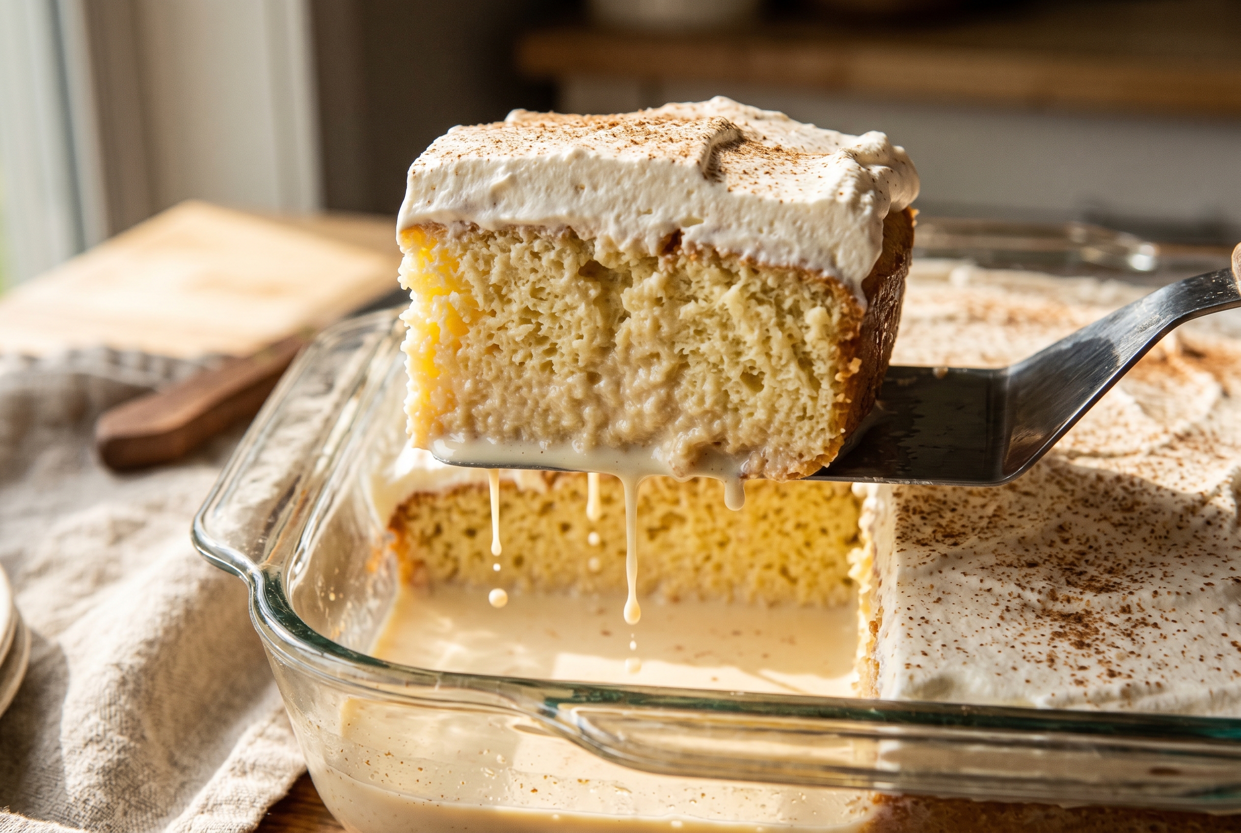 Tres leches cake slice being lifted from dish showing moist sponge