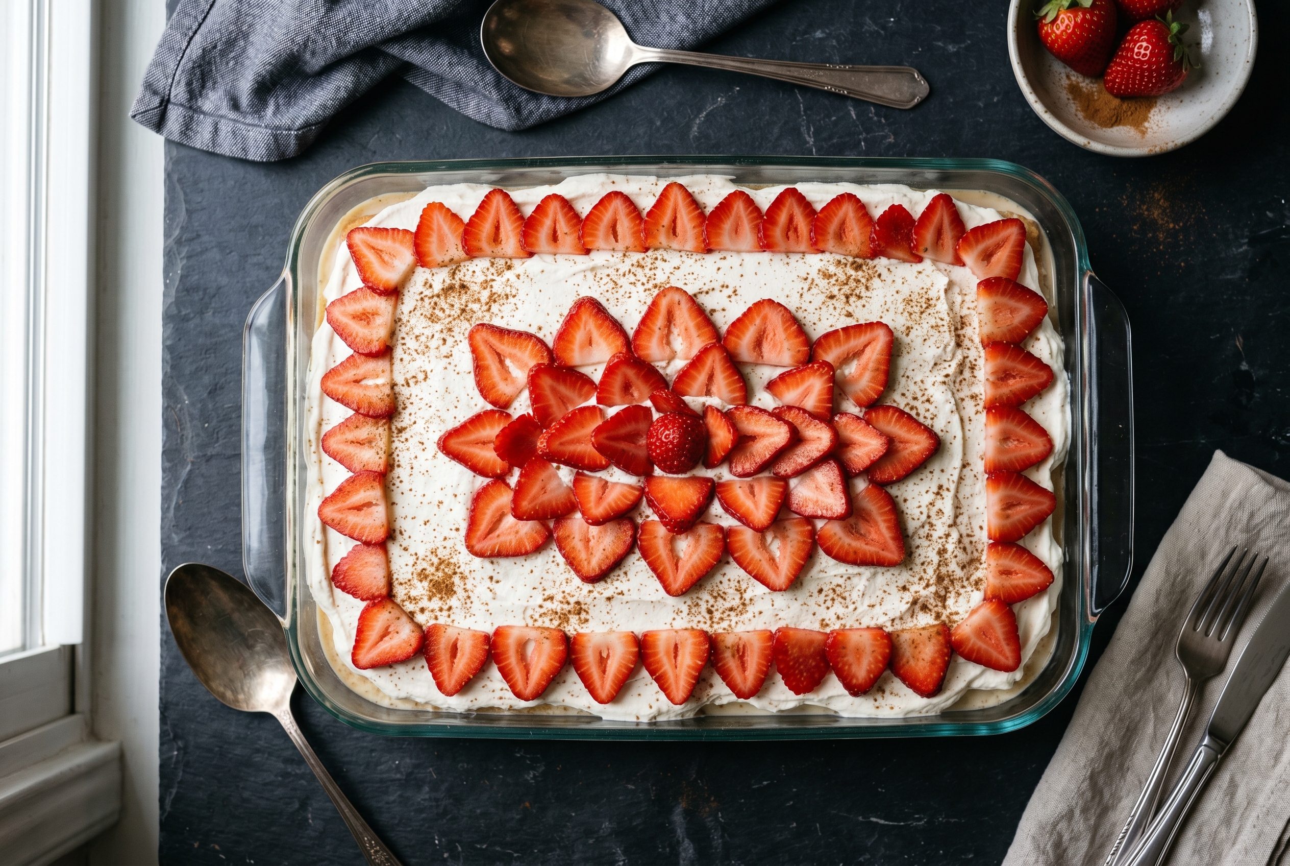 Complete tres leches cake with whipped cream and strawberries overhead view