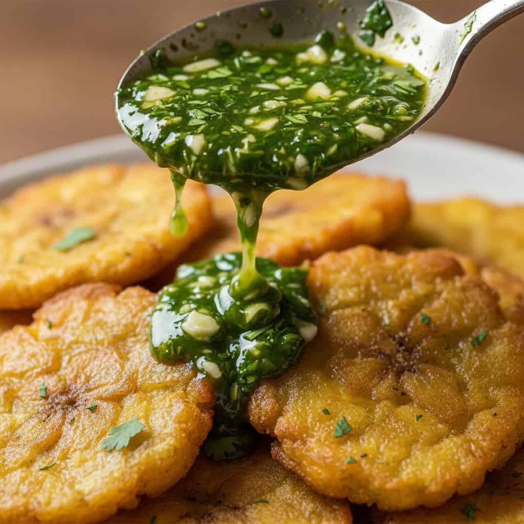 Close-up of wasakaka being drizzled over tostones