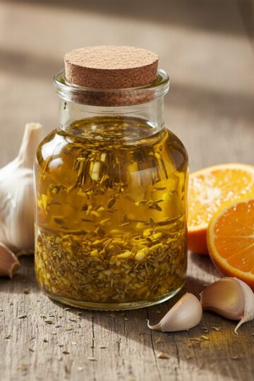 Glass jar of wasakaka Dominican garlic sauce with herbs visible