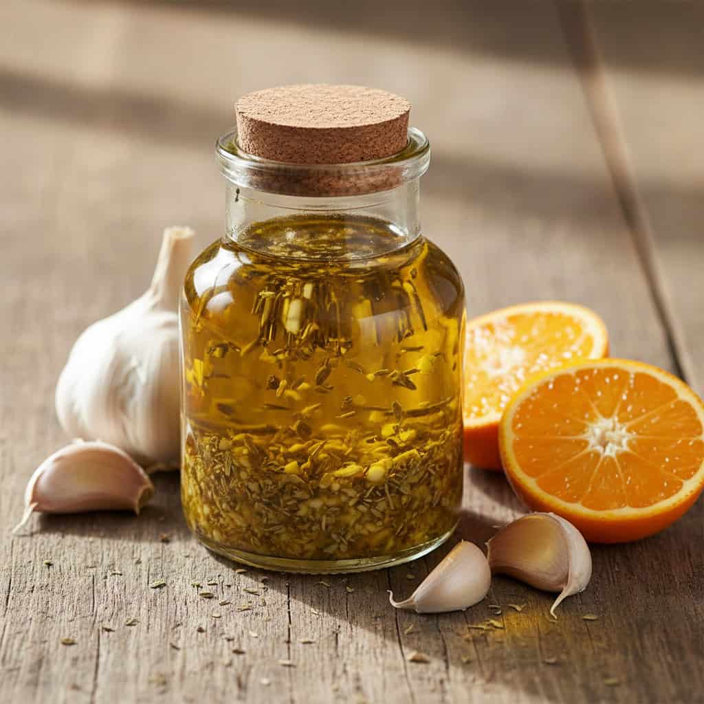 Glass jar of wasakaka Dominican garlic sauce with herbs visible