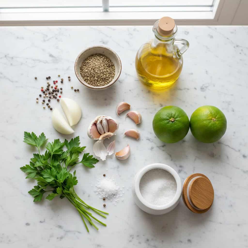Ingredients for wasakaka - garlic sour orange olive oil oregano