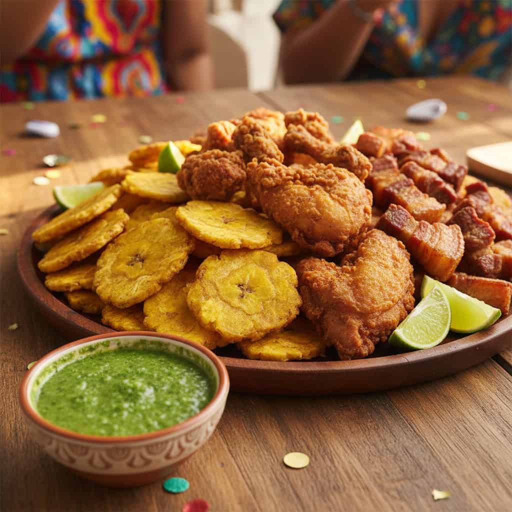 Wasakaka in small bowl alongside Dominican appetizer plate