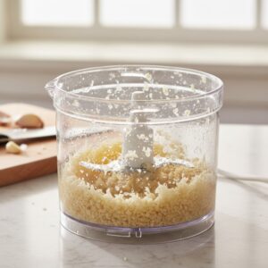 Garlic being minced for wasakaka sauce in food processor
