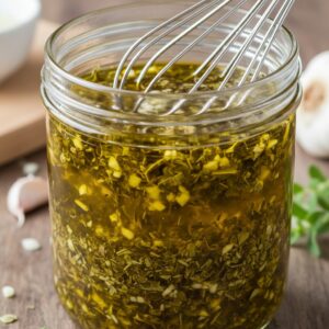 Wasakaka sauce being mixed in glass jar with garlic and herbs