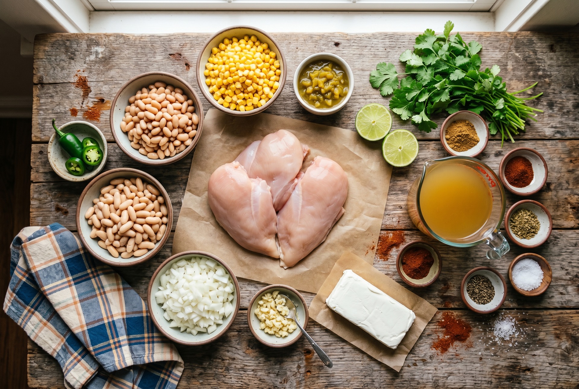 Overhead flat lay of ingredients for slow cooker white chicken chili including chicken, white beans, corn, green chiles, spices, and fresh cilantro
