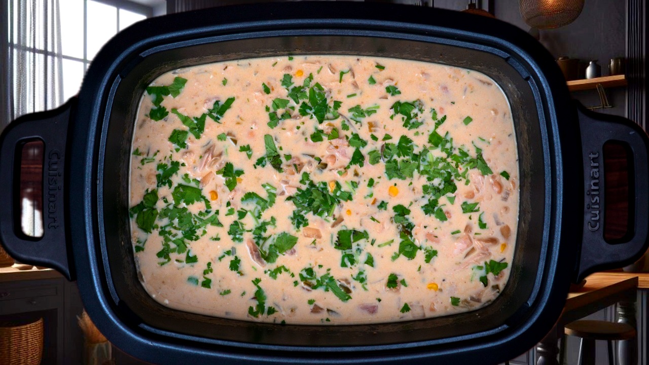 Finished slow cooker white chicken chili topped with fresh cilantro in a Cuisinart slow cooker