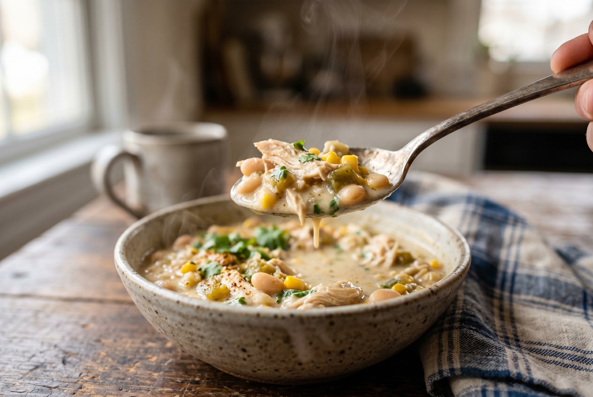 Close-up of a spoon lifting creamy white chicken chili with shredded chicken, beans, and corn from a bowl