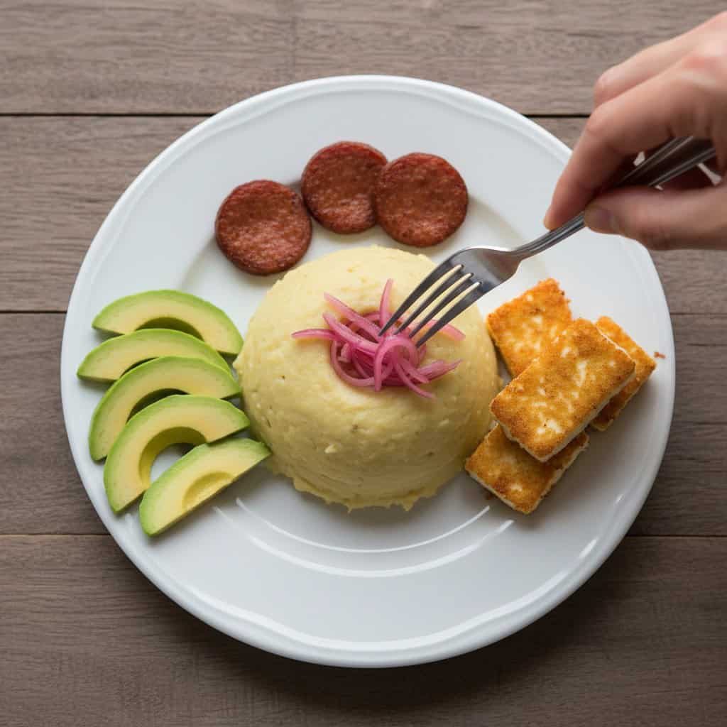 Mangú plate being built with a mound of mashed plantains, pickled red onions on top, and tres golpes around the edge
