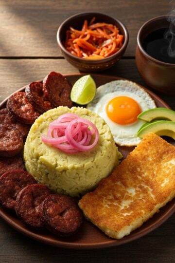 Dominican mangú flat lay with fried salami, queso frito, sunny-side-up eggs, and pickled red onions on a rustic wooden table