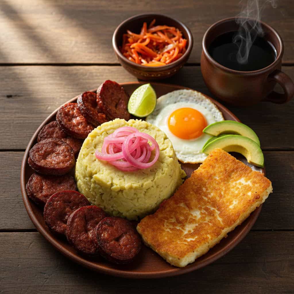 Dominican mangú flat lay with fried salami, queso frito, sunny-side-up eggs, and pickled red onions on a rustic wooden table
