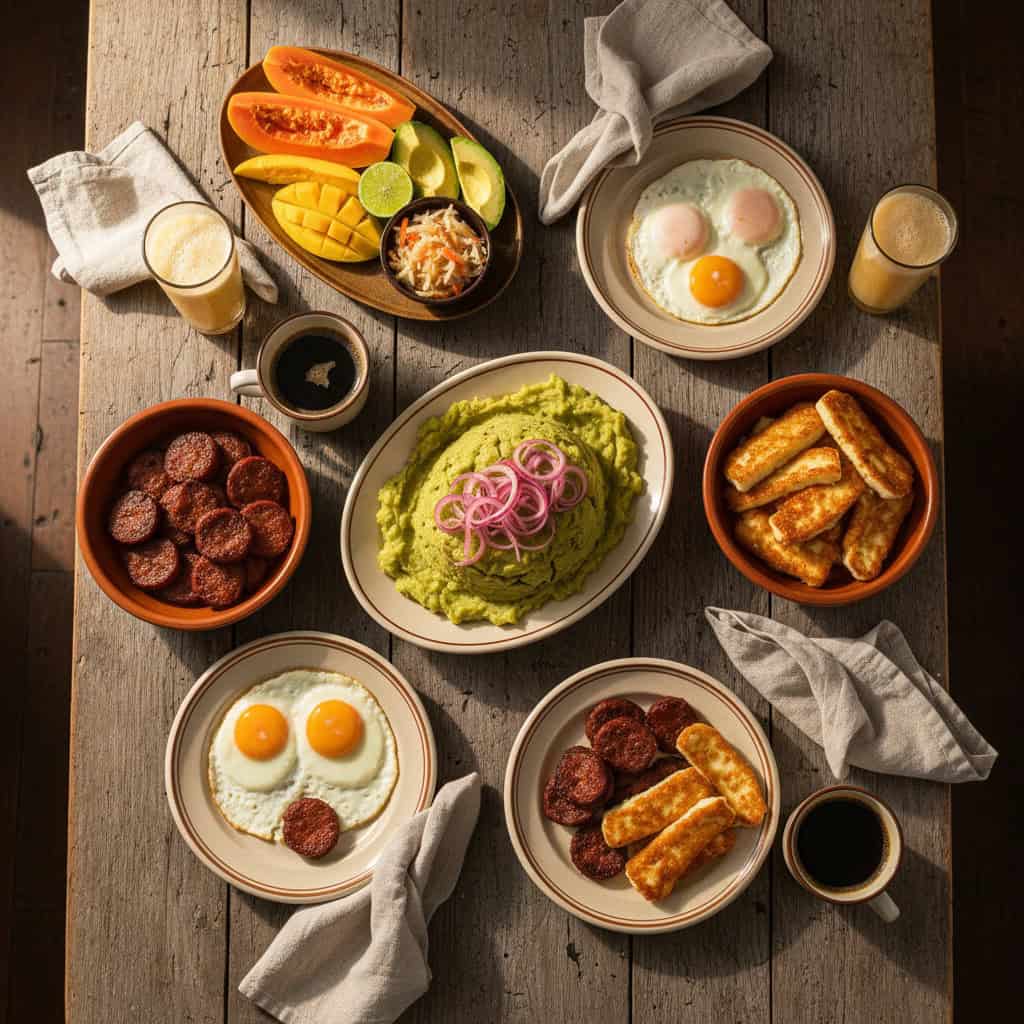 Full Dominican breakfast spread with mangú, salami, queso frito, eggs, avocado, and fresh fruit