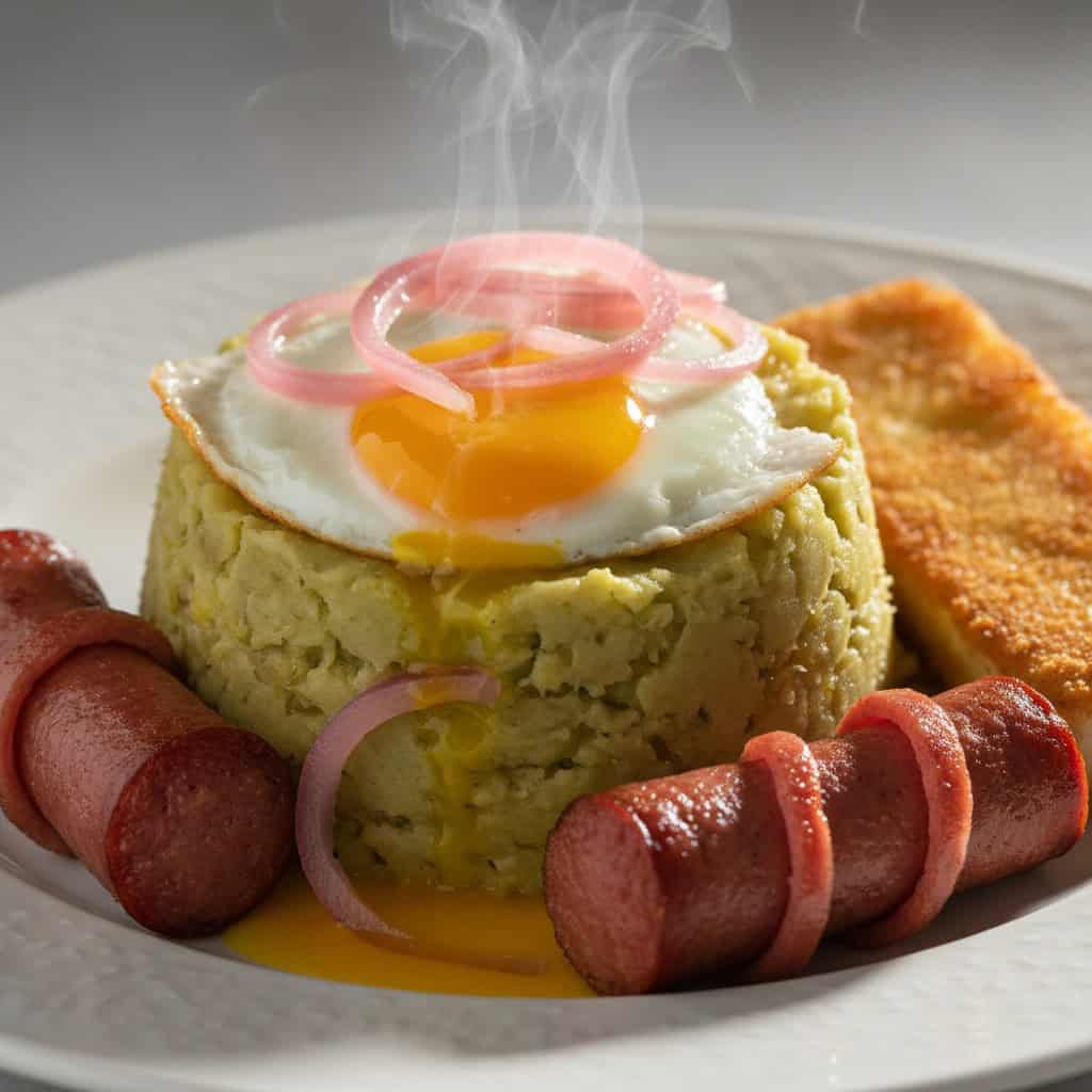 Closeup of Dominican los tres golpes plate with mangú, fried salami, queso frito, and a sunny-side-up egg