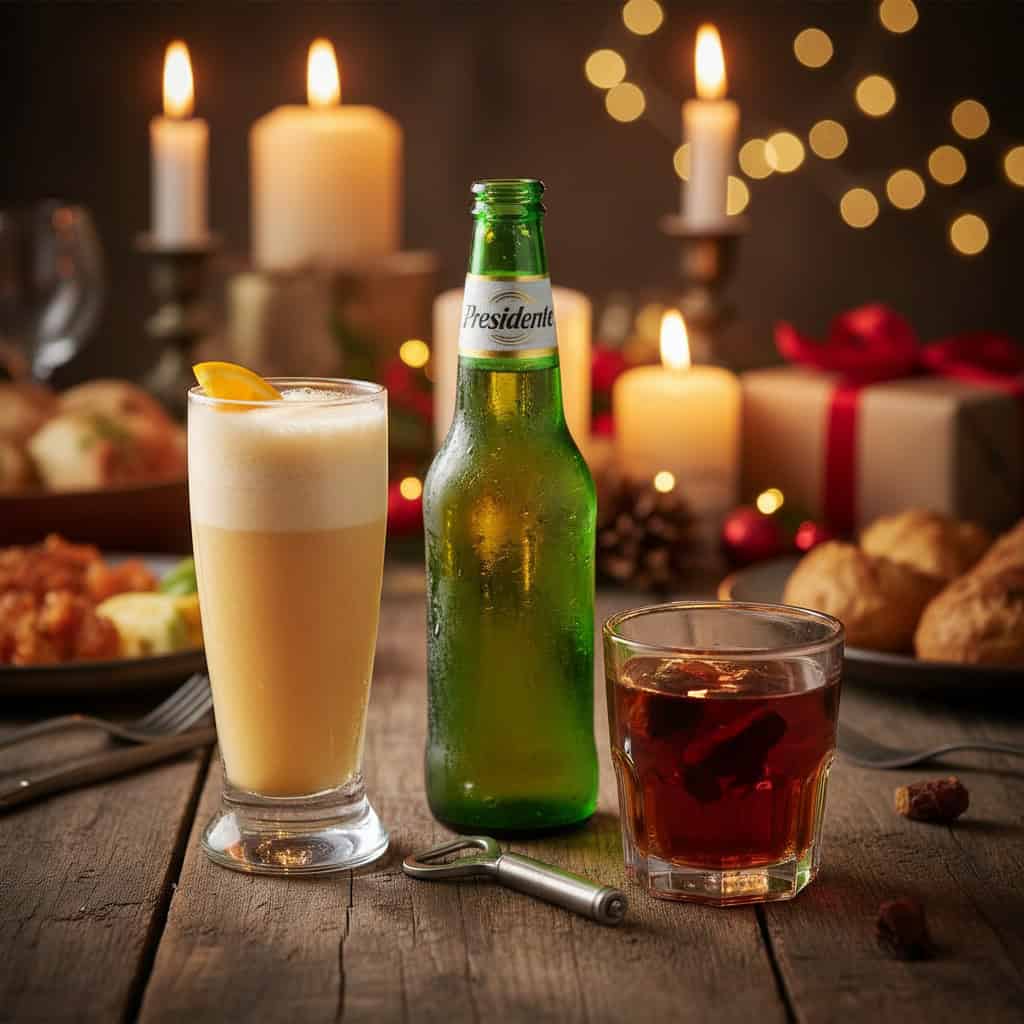 Glasses of morir soñando, Presidente beer, and mamajuana on a Dominican Christmas table