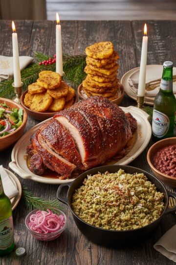 Dominican Christmas table with sliced pernil, moro de guandules, tostones, ensalada verde, and avocado