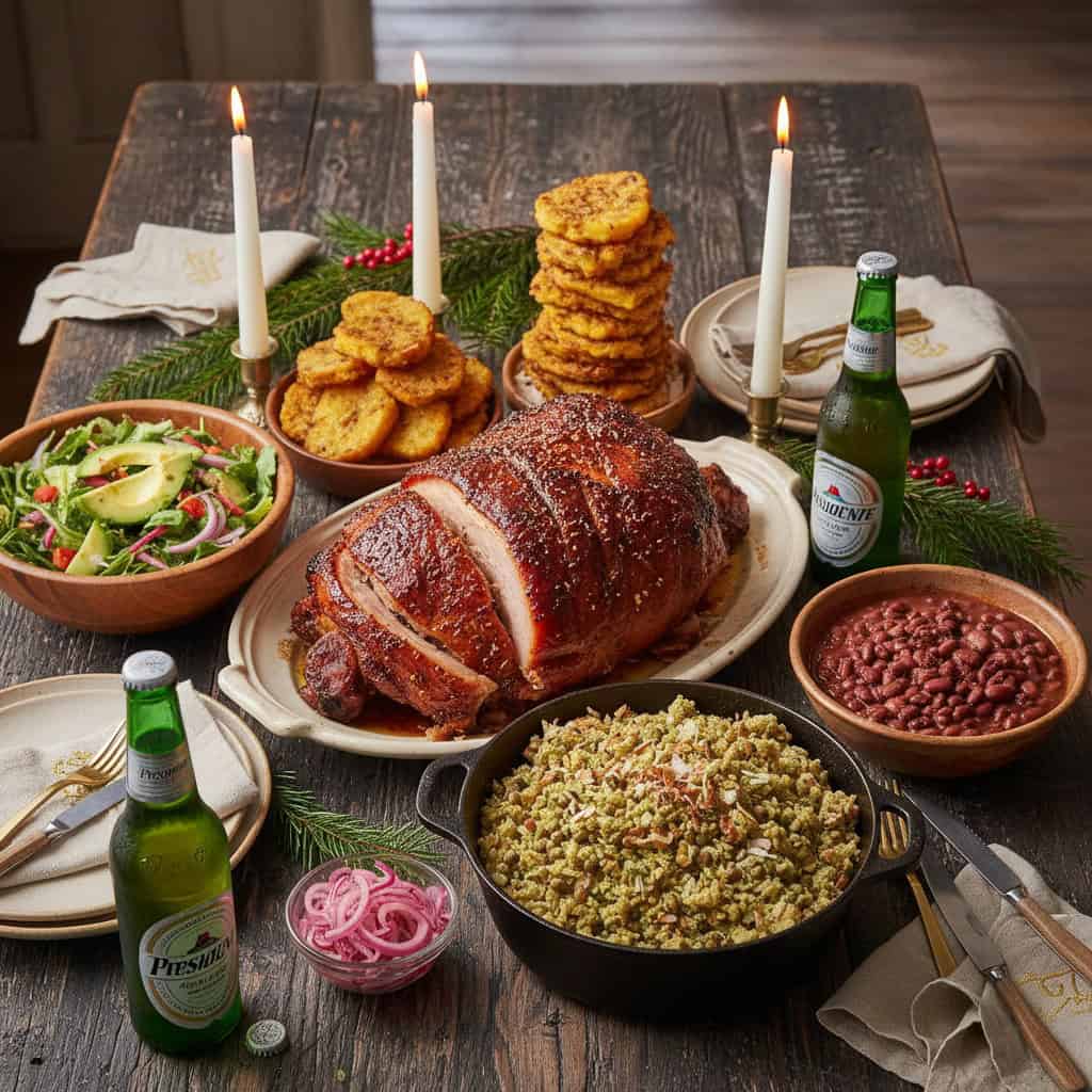 Dominican Christmas table with sliced pernil, moro de guandules, tostones, ensalada verde, and avocado