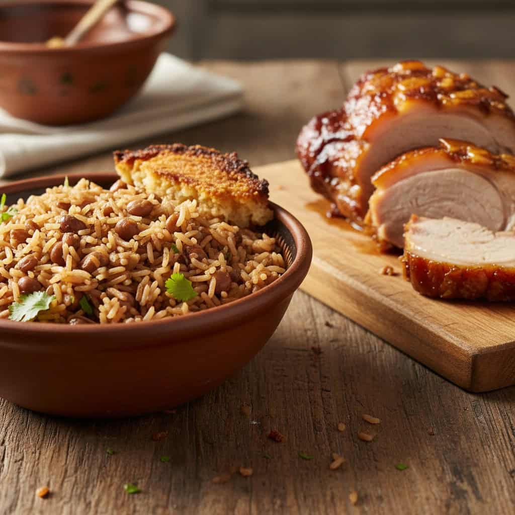 Bowl of Dominican moro de guandules con coco served alongside sliced pernil