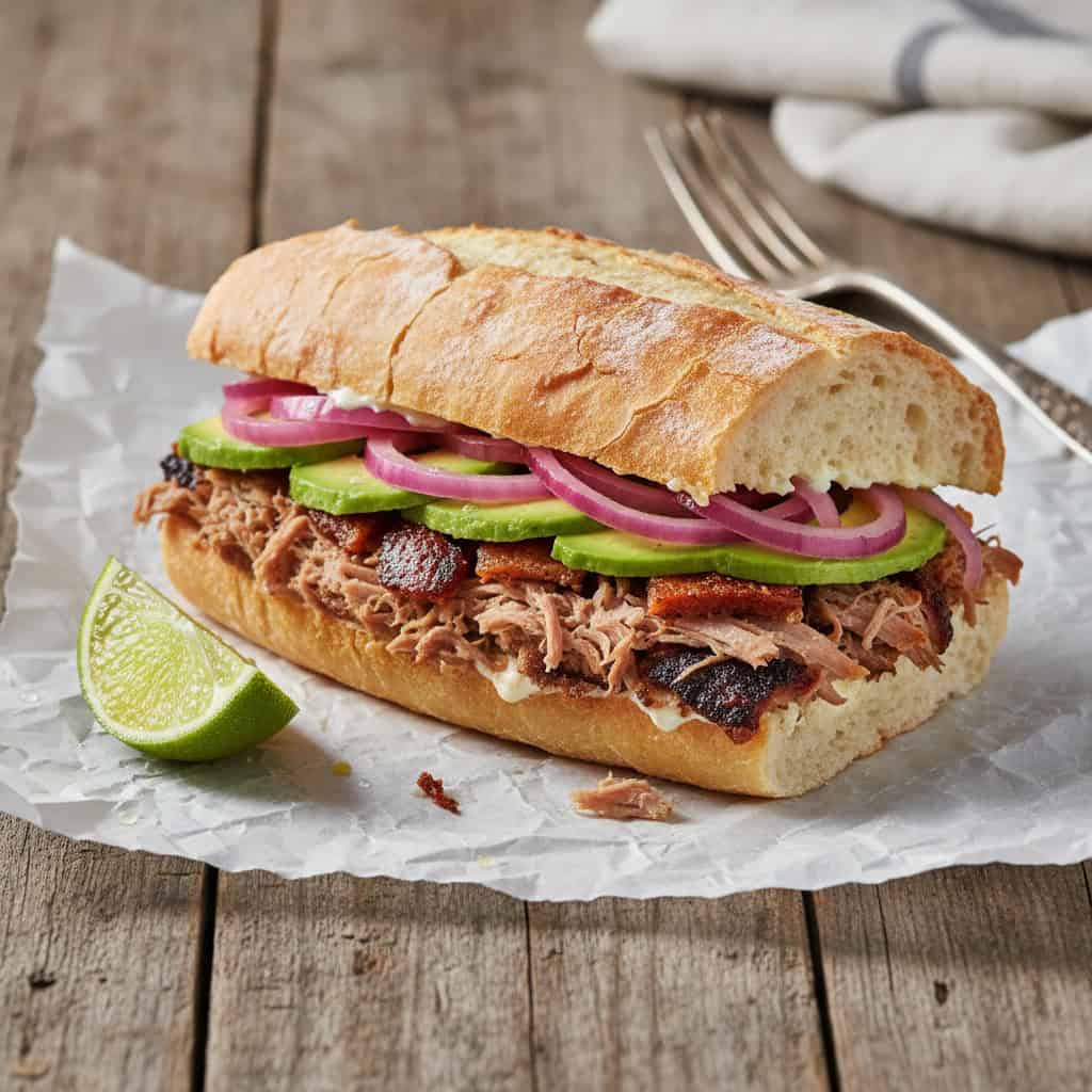 Dominican pernil sandwich on pan de agua with pickled onions and avocado