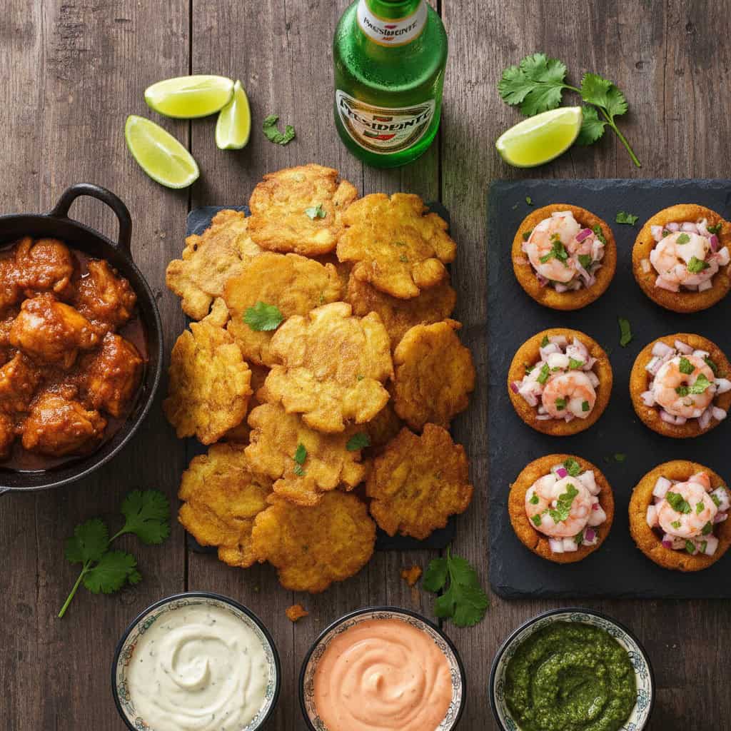 Dominican tostones spread with garlic mojo, pollo guisado, ceviche-topped tostones rellenos, and ice-cold Presidente beer