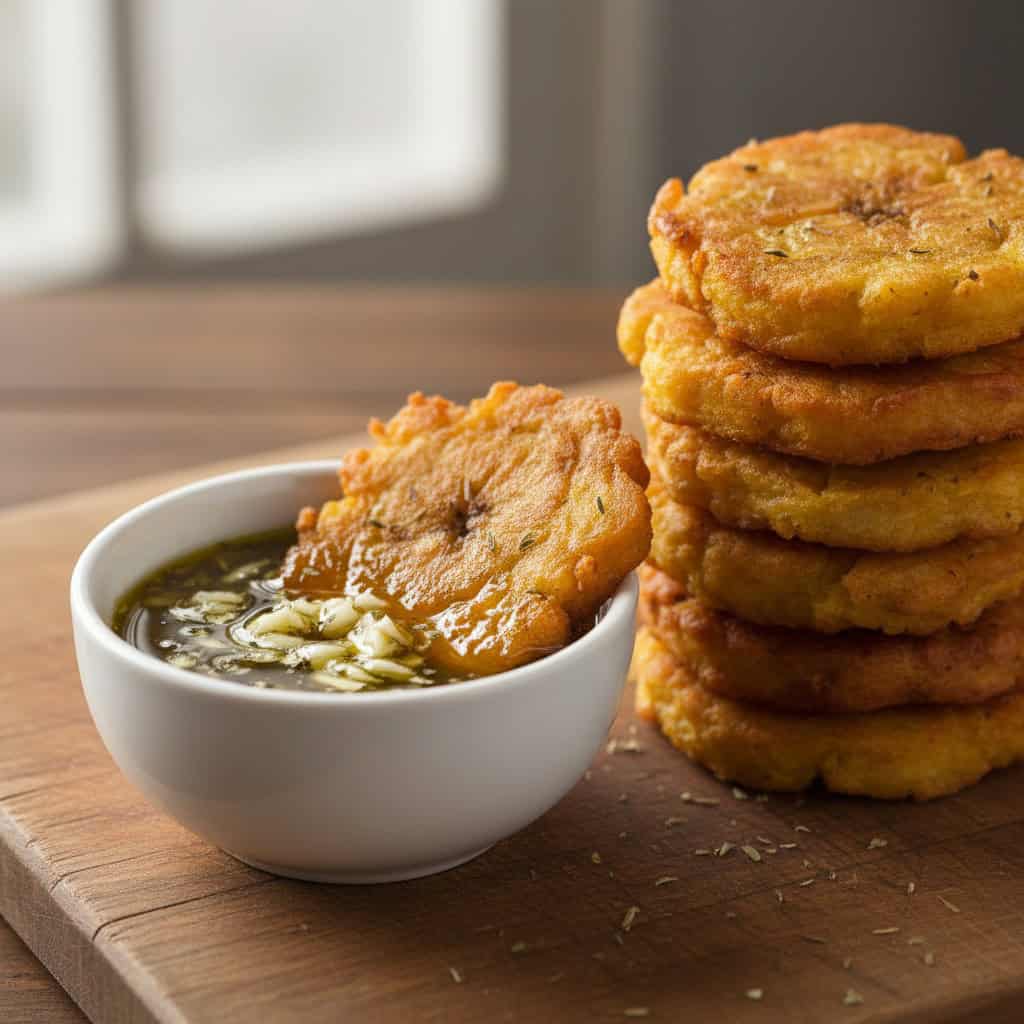 Small bowl of garlic mojo dipping sauce next to a stack of crispy tostones