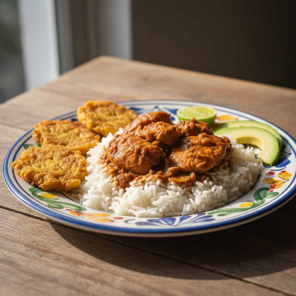 Tostones served alongside Dominican pollo guisado over white rice