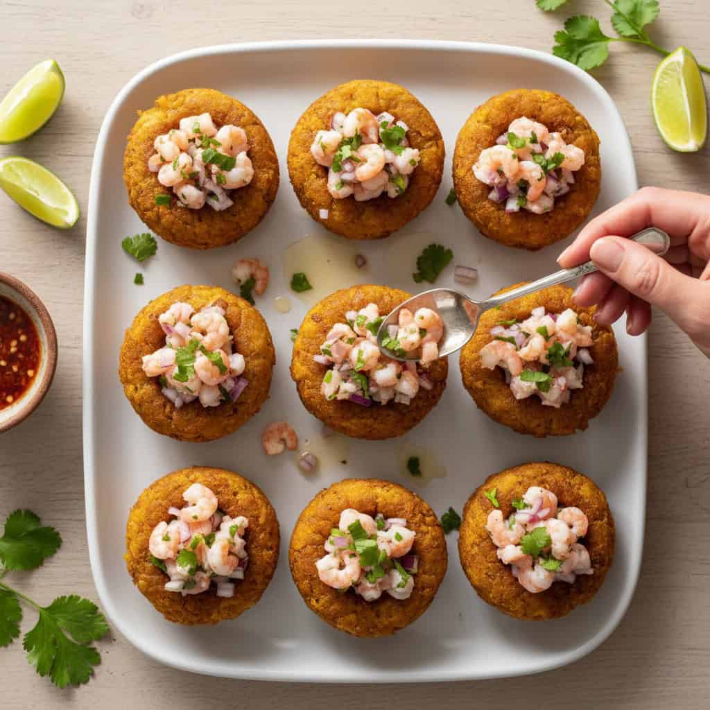 Tostones rellenos cups being filled with shrimp ceviche on a serving platter