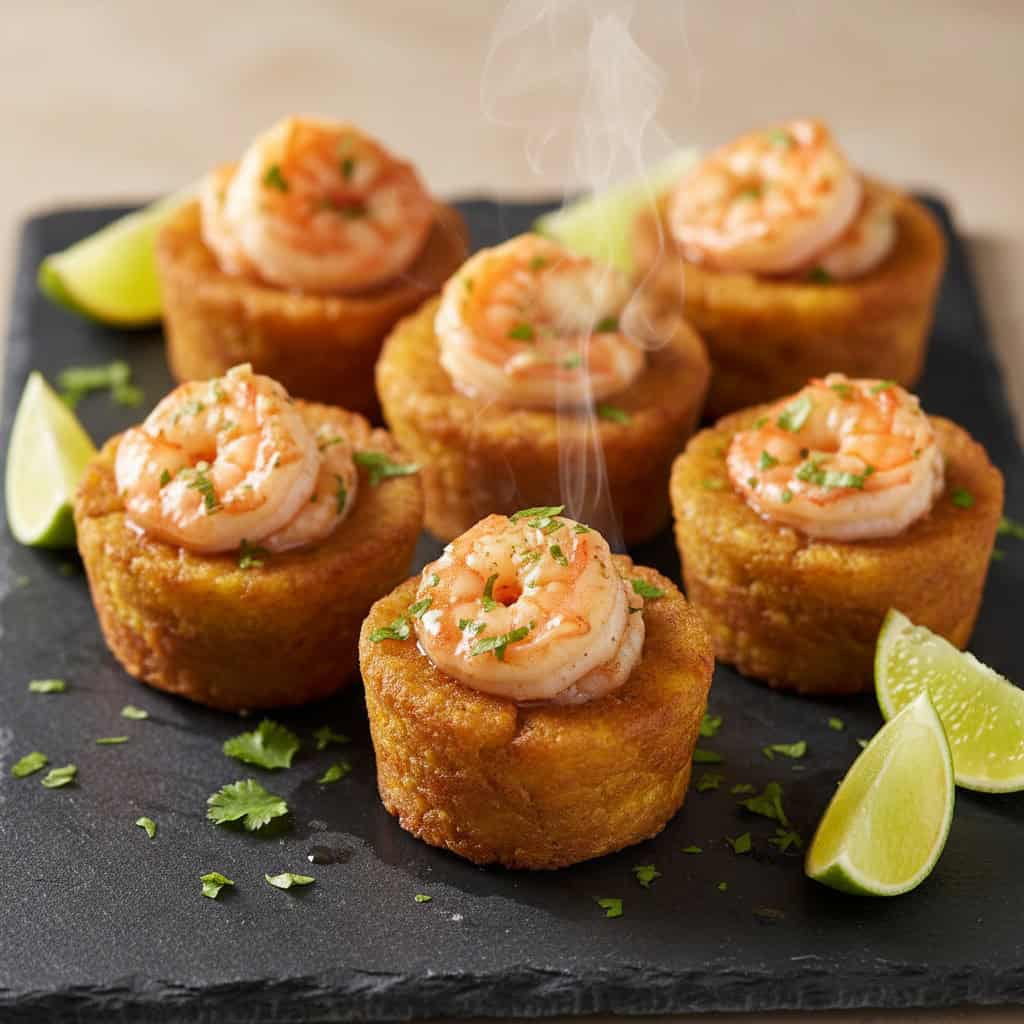Tostones rellenos topped with garlic shrimp and cilantro