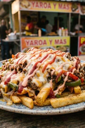 Dominican yaroa dominicana loaded fries with melted cheese and sauces on plate