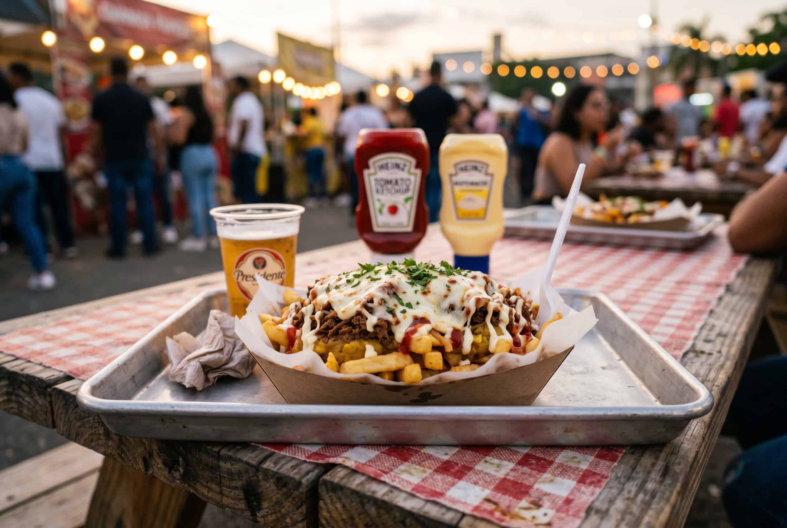 Dominican yaroa dominicana on metal tray outdoor street food setting
